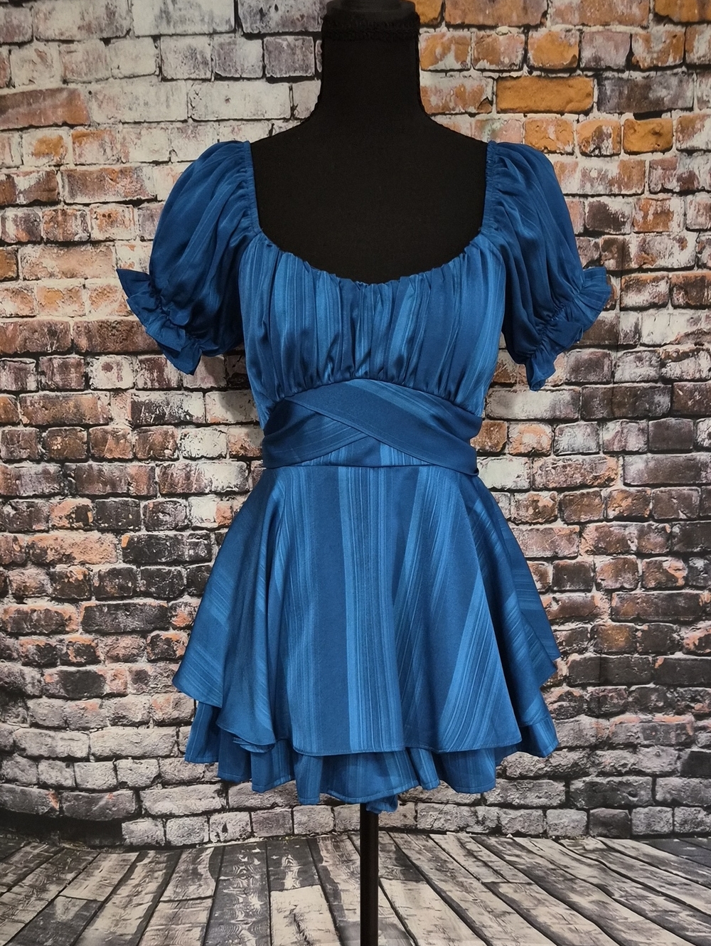 American Threads Teal Blue Satin Dress with Puff Sleeve Detail